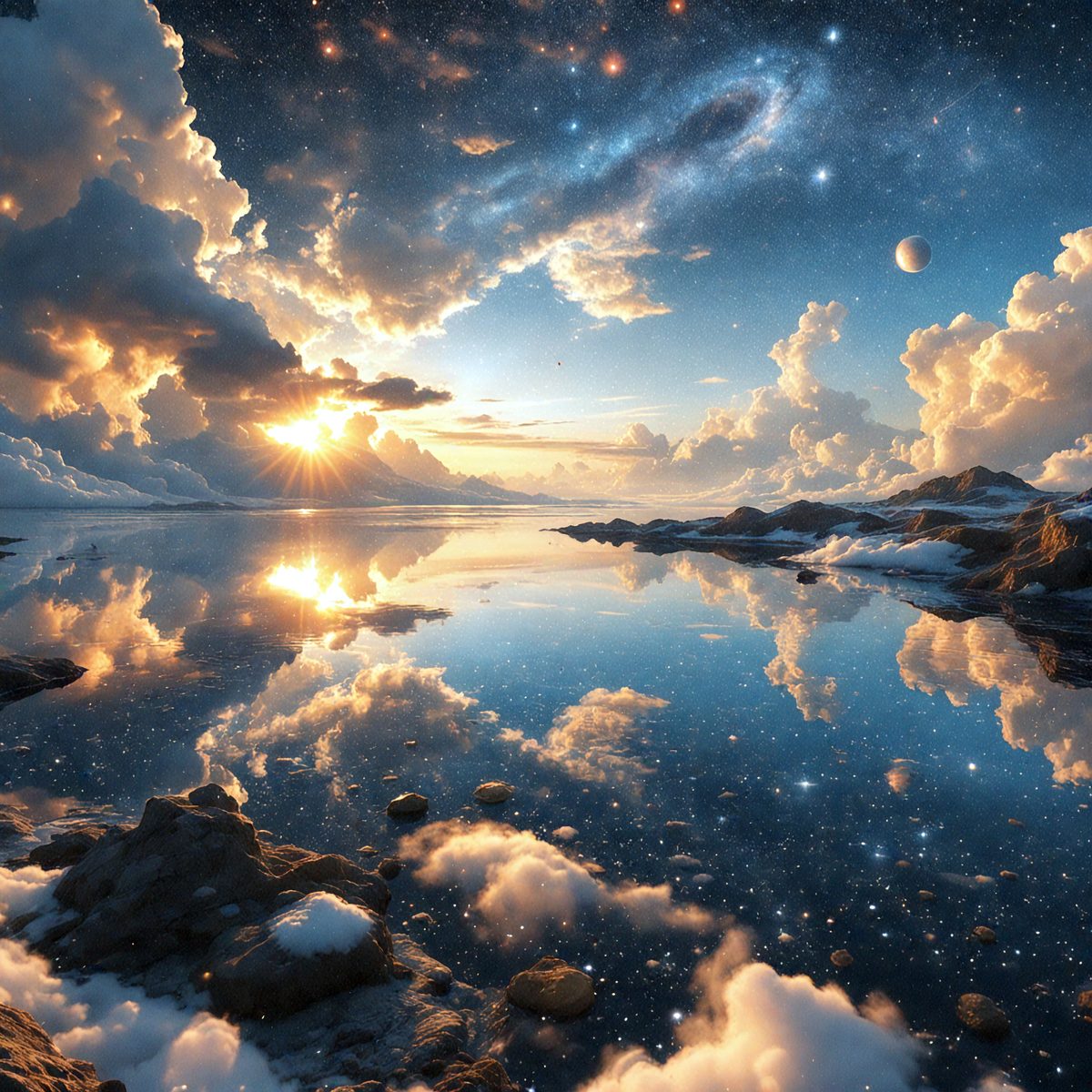 The primary subject of the image is a beautiful, serene scene of a lake at sunset. The sun is setting behind the lake, casting a warm glow on the water and the surrounding landscape. The sky is filled with clouds, adding to the picturesque atmosphere. The setting/background features a rocky shore, with a few rocks visible near the water's edge. The visual style of the image is a combination of photo and digital art, creating a stunning and realistic representation of the scene. The colors and mood of the image are predominantly warm and calming, with the sunset casting a warm glow on the water and the overall atmosphere being serene and peaceful.